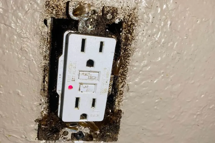 German roaches infesting an open electrical outlet.