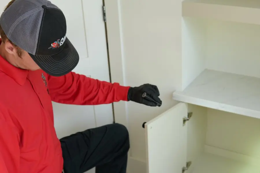 All U Need Pest Control technician inspecting a home for pest activity.