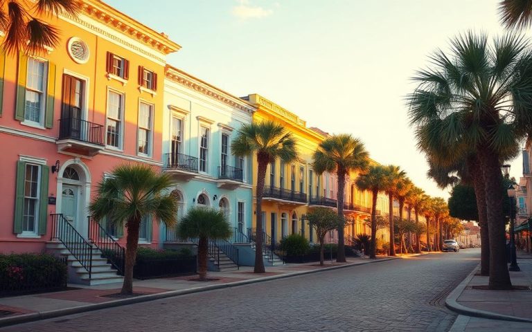 Rainbow Row pastel historic homes in downtown Charleston. Local landmark in the Greater Charleston / Lowcountry service area.