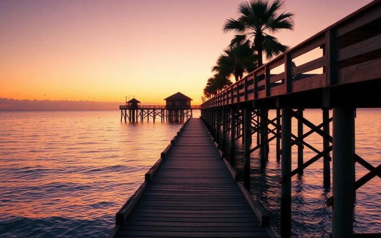 Naples Pier at sunset over the Gulf of Mexico. Local landmark in the Southwest Florida service area.