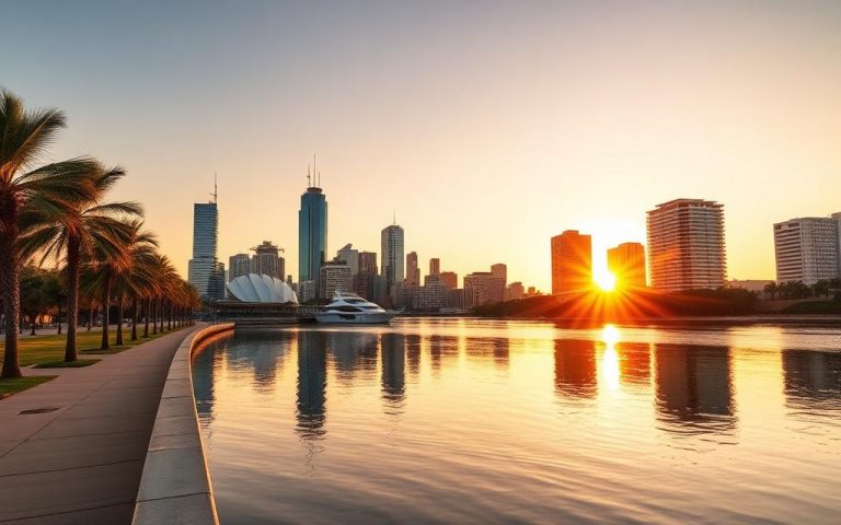 Downtown Tampa skyline at sunset across the Hillsborough River. Local landmark in the Greater Tampa Bay service area.
