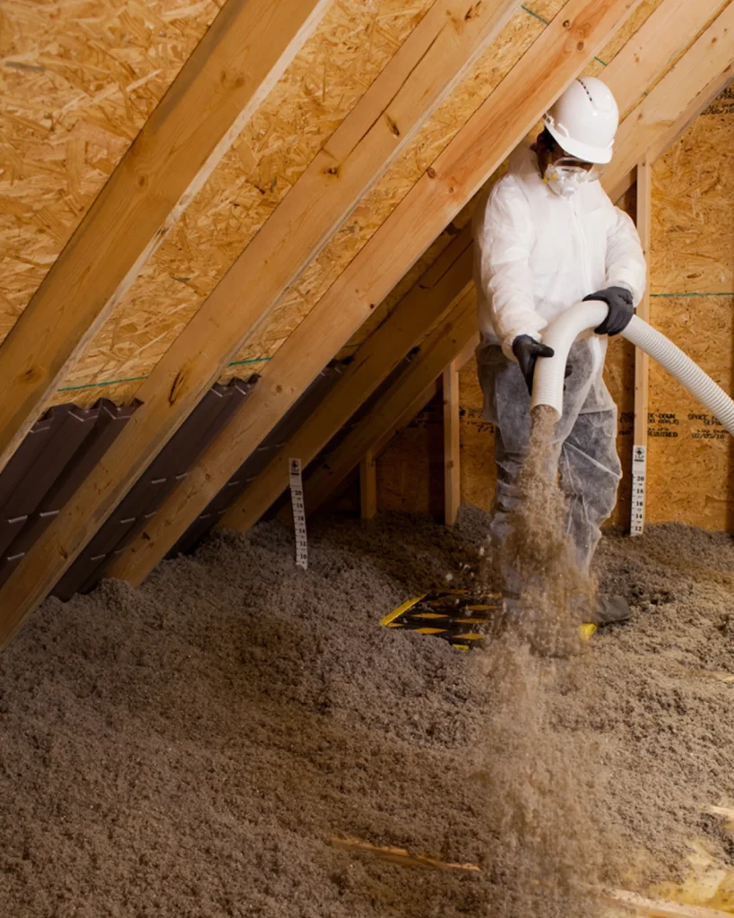 Pest control technician in protective suit blowing TAP® Pest Control Insulation into the attic of a Florida home