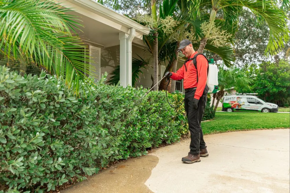 All U Need Pest Control technician treating landscaping at a Florida home with the company truck visible